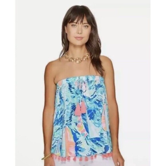 Lilly Pulitzer Palma Tube Top XS Blouse Hay Bay Bay Sailboat Tassel Strapless - Picture 1 of 7